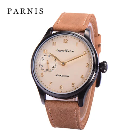 Vintage PARNIS Mechanical Hand Winding Watch Men Gold 44mm Steel Wristwatch Sport 17 Jewels 6497 Movtt Khaki Band Glass Back