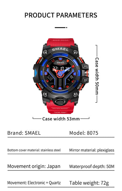 SMAEL 8075 Men's Analog Digital Dual Display Sport Watch - 50M Waterproof LED Backlight Dual Time Alarm Chronograph Stopwatch