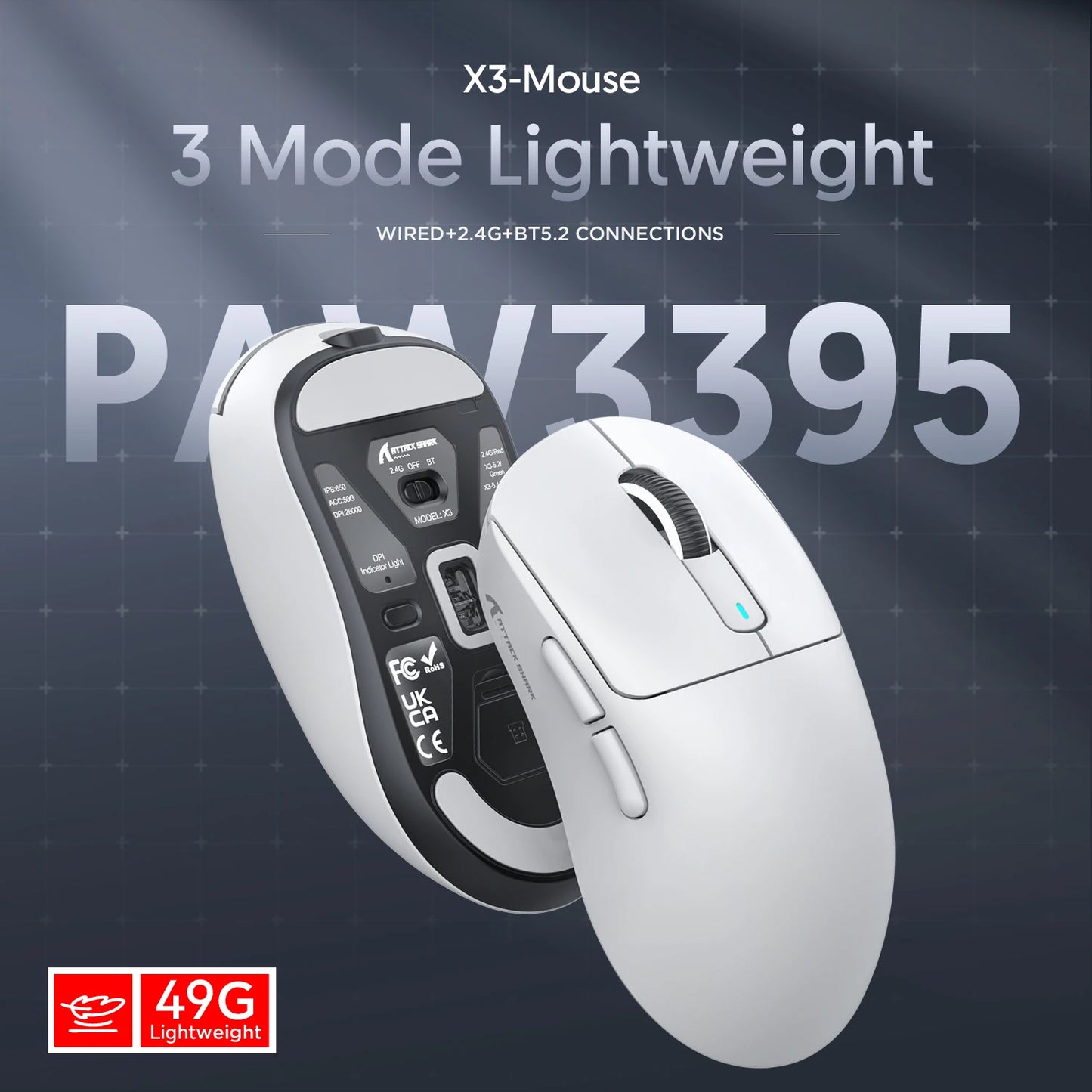 Attack Shark X3/X3 Pro Wireless Gaming Mouse, 26K DPI PixArt PAW3395, Tri-Mode Bluetooth 5.2/2.4G/Wired, 49g Ultralight Gaming Mouse for PC