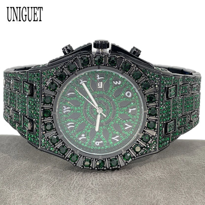 UNIGUET Hip Hop Wristwatch For Men Luxury lce Out Full Diamond Watches Fashion Green Watch Waterproof Clock Man 2026 Hot Sale