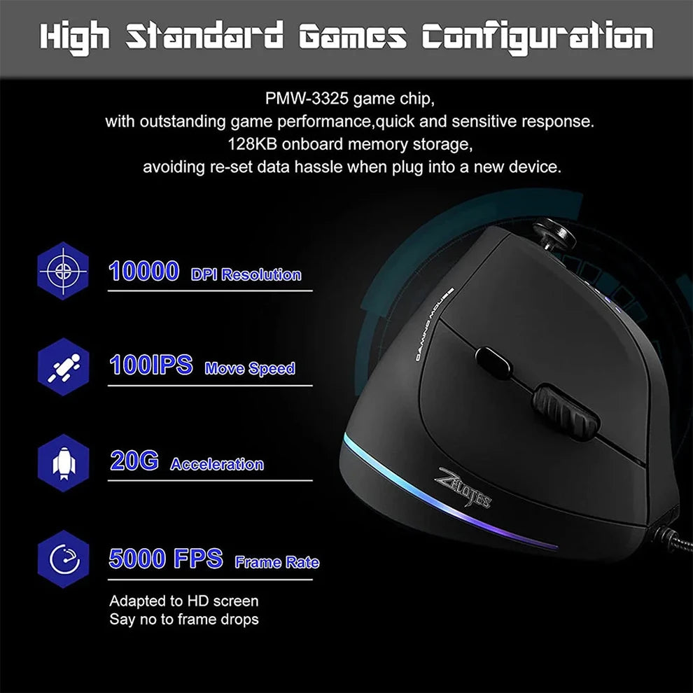 BOW Wired Gaming Mouse 12-Button Programmable RGB Gaming Mouse, 10000 DPI Ergonomic Vertical Gaming Mouse for PC & Laptop