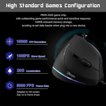 BOW Wired Gaming Mouse 12-Button Programmable RGB Gaming Mouse, 10000 DPI Ergonomic Vertical Gaming Mouse for PC & Laptop