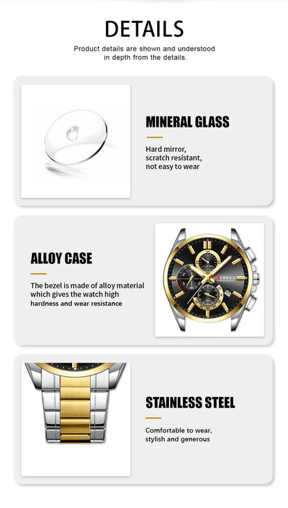 CURREN Men's Stainless Steel Chronograph Watches with Luminous Hands,Triple Sub-Dials Auto Date Fashion Design Quartz Wristwatch