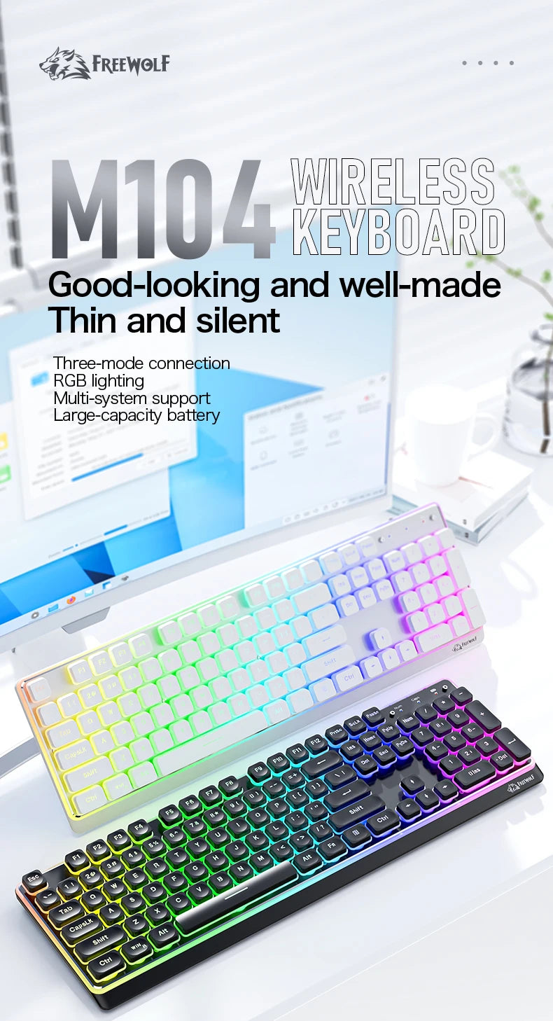 Freewolf M104 Tri-Mode Wireless Keyboard RGB 104 Keys Ultra Slim Quiet Membrane 4000mAh Large Battery for Office & Home