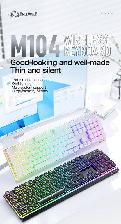 Freewolf M104 Tri-Mode Wireless Keyboard RGB 104 Keys Ultra Slim Quiet Membrane 4000mAh Large Battery for Office & Home