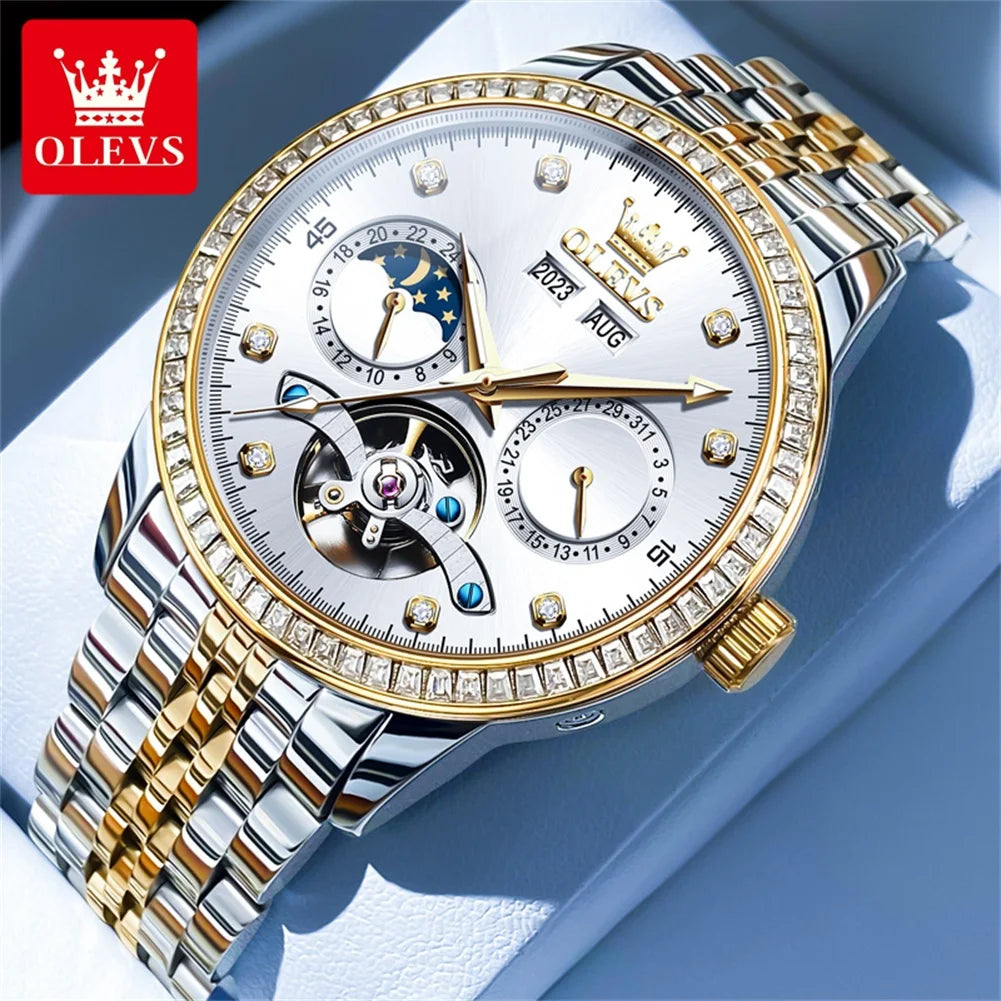 OLEVS 7016 Luxury Automatic Watch Men Skeleton Tourbillon Moon Phase Calendar Waterproof Stainless Steel Mechanical Wristwatch
