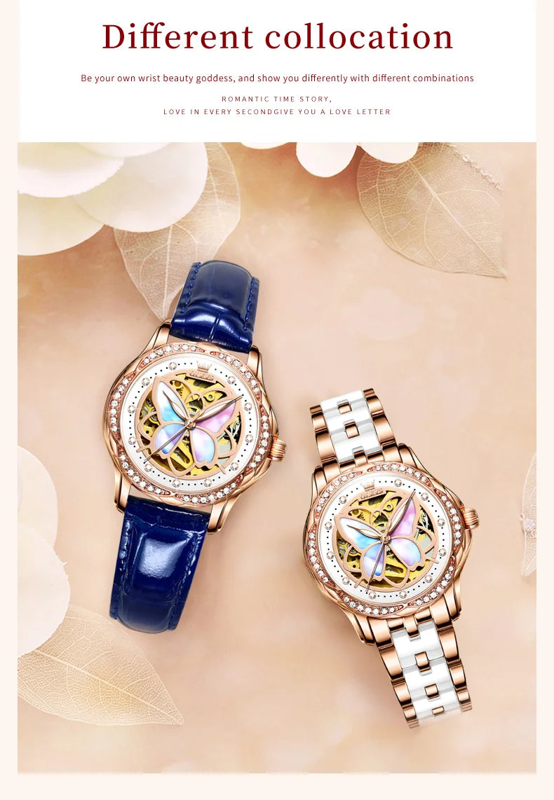 OLEVS 6615 Top Original Automatic Mechanical Wrist Watch for Women Luxury Elegant Diamond Hollow Colorful Butterfly Ladies Watch
