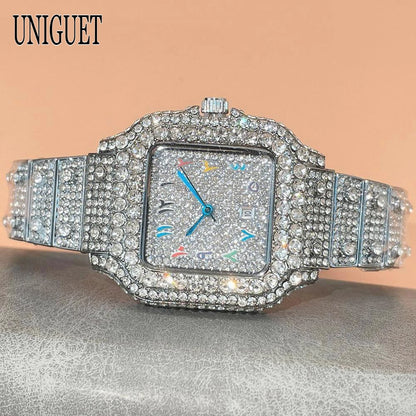 UNIGUET New Women Full Diamond Iced out Watch Fashion Square Rainbow Dial Hip Hop Bling Luxury Quartz Ladies Wristwatch Hot Sale