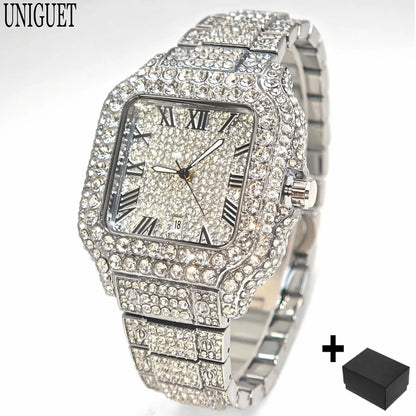 UNIGUET Cool Men's Watch Luxury Stainless Steel Quartz Watch Hip Hop Black Diamond Square Design Fashion Iced Wristwatch for Men