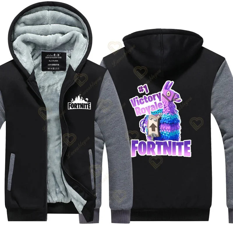 Sweat-shirts com capuz luminosos Fortnite de inverno, quentes, para homem e mulher, cosplay de jogo, em velo espesso, com fecho, casaco e sobretudo para casal