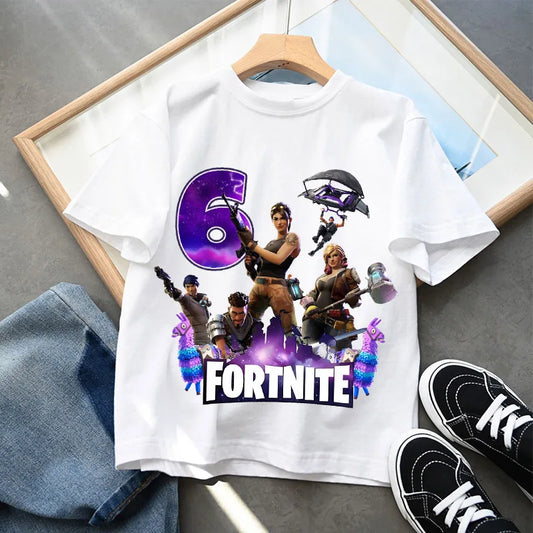 T-shirts Fortnite para Crianças com Número de Aniversário 1-10 Estampado, T-shirt Casual de Verão para Rapazes, Manga Curta, Tops Desportivos, Roupa Infantil
