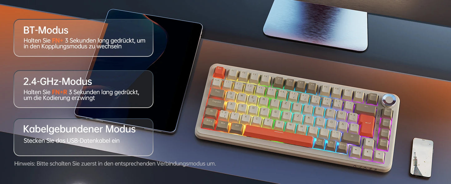 German Version Ajazz Ak820 Gaming Mechanical Keyboard, German Keyboard, ISO-DE Layout Qwertz Hot-Swappable Volume Knob, Holiday Gift