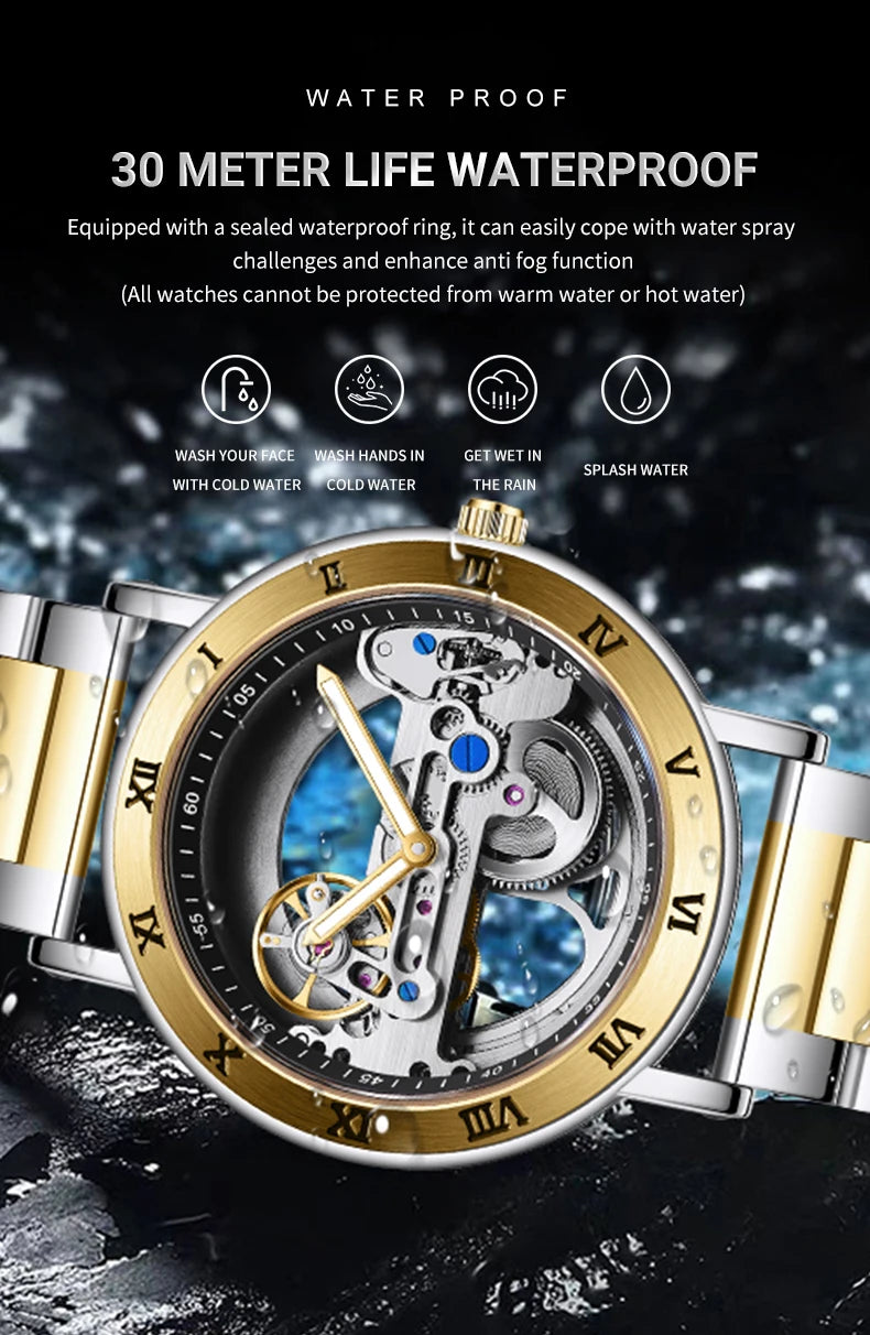 AKDPN Men's Watches Automatic Mechanical Stainless Steel Men's Wrist Watch Skeleton Automatic Watches for Man Watch Montre Homme