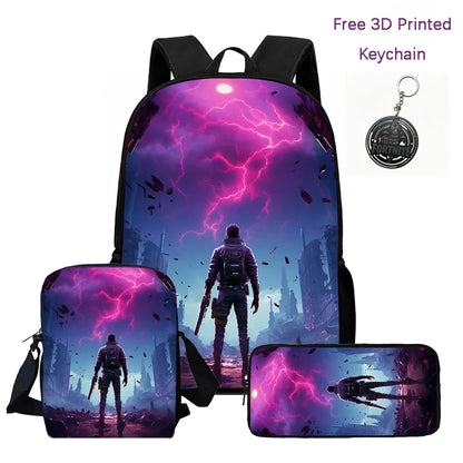 3Pcs Kids Backpack Set, Crossbody & Pencil Bag, FORTNITE Cartoon Bag, Lightweight for Boys Girls 6-10, Free 3D Printed Keychain