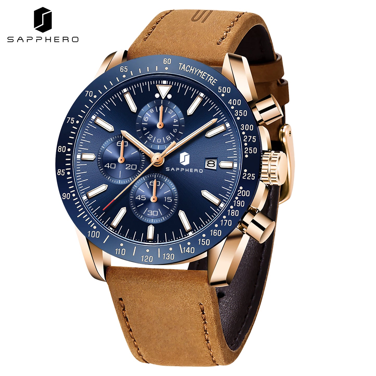 SAPPHERO Men Chronograph Watch High Precision Quartz Movement Blue Dial Date Display 50M Waterproof Luxury Sport Wristwatch Gift