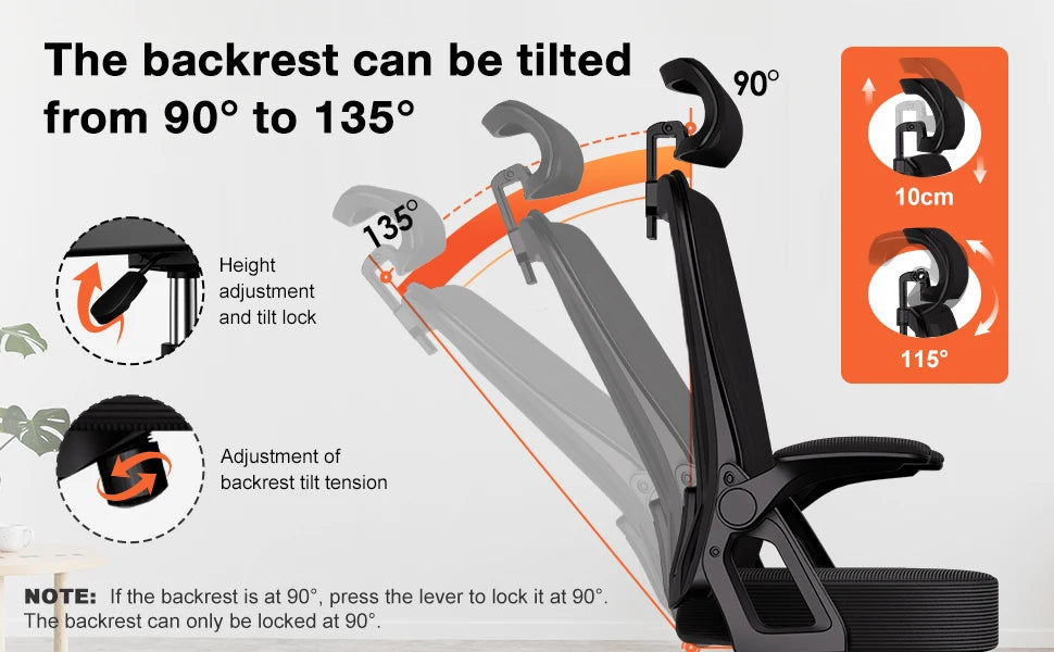 Office Chair Ergonomic Reclining 90°-135°, Desk Chair with Lumbar Support, Computer Chair Adjustable Headrest, Living Room Chairs