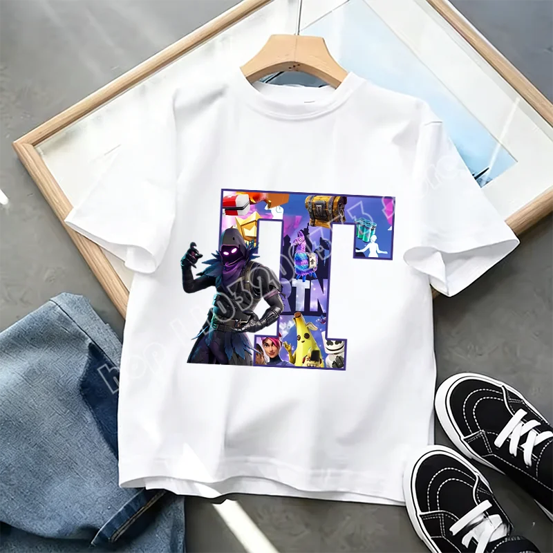 T-shirt Infantil Branco Fortnite com Estampado Alfabeto A-Z — Roupa de Verão, Jogo de Desenhos Animados Popular, Manga Curta Casual, Presente de Moda