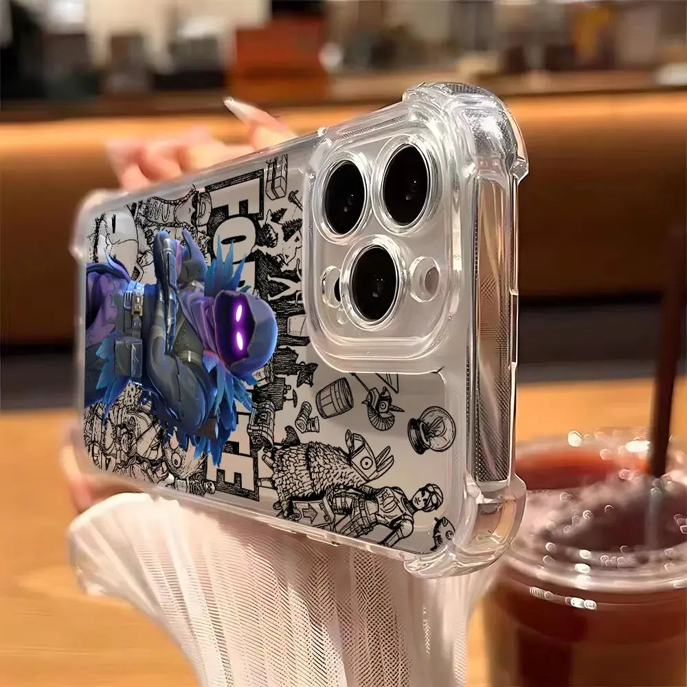 Capa de Telemóvel Fortnite para iPhone 17 16e 16 15 14 13 12 11 Mini Air Pro Max X XR XSMax 7 8 Plus, Transparente e Antiqueda