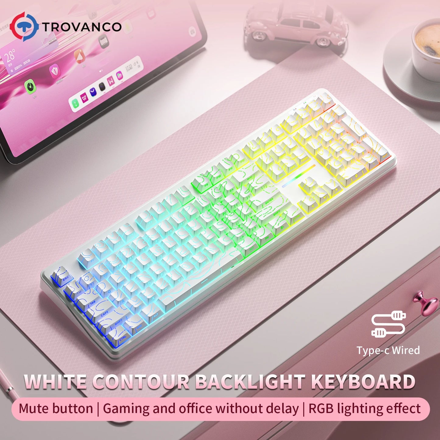 V108 Pro Bluetooth Keyboard Office Low Noise 2.4G Wired & Wireless Full Layout with RGB Backlit Membrane