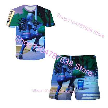 Conjunto Infantil 2 Peças F-Fortnited Victory 3D, T-shirt e Calções para Meninas e Meninos, Roupa Battle Royale, T-shirts Harajuku Hero