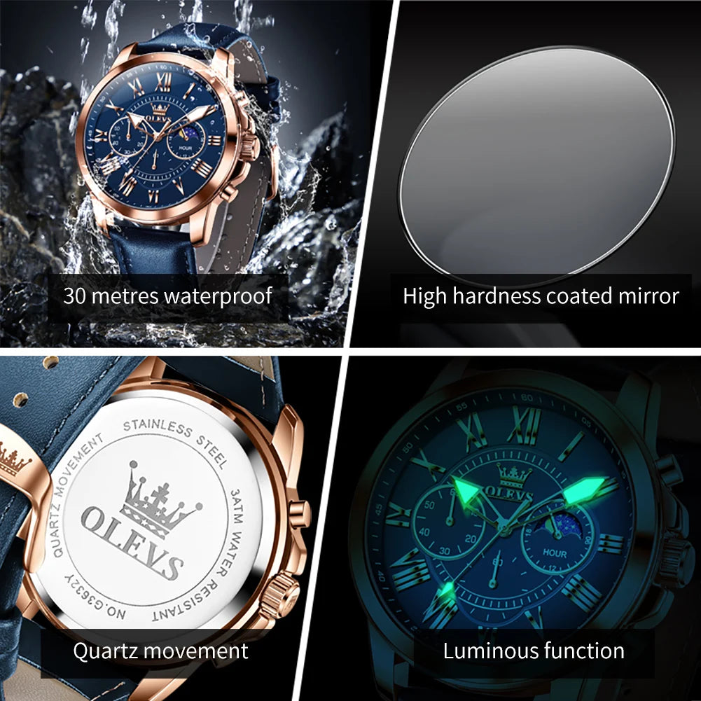 OLEVS 3632 Men Watch Elegant Luxury Sport Quartz Watch Scale Waterproof Luminous Automatic Date Moon Belt Watch Gifts Original