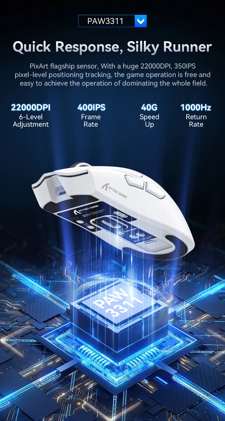 ATTACK SHARK X11 Tri-Mode leichte Gaming-Maus mit PAW3311, 22000DPI, 400IPS, 40G, 59g, magnetischem Schnellladen, RGB-Hintergrundbeleuchtung
