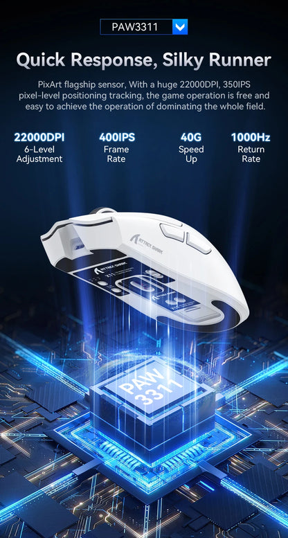 ATTACK SHARK X11 Tri-Mode leichte Gaming-Maus mit PAW3311, 22000DPI, 400IPS, 40G, 59g, magnetischem Schnellladen, RGB-Hintergrundbeleuchtung