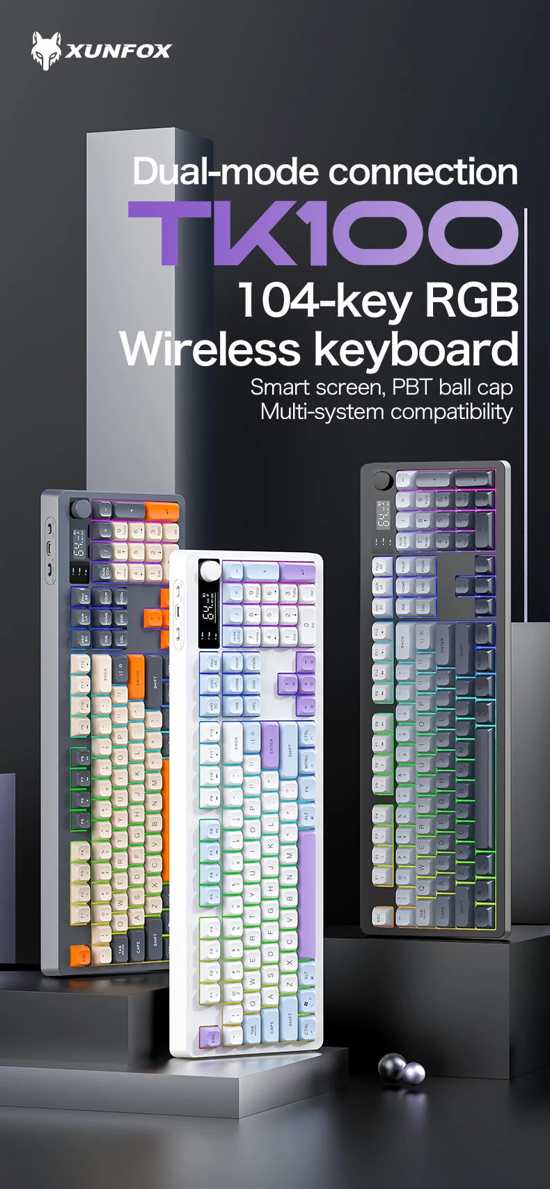 Teclado XUNFOX TK100 sem fios 2.4 Bluetooth de modo duplo para gaming, silencioso, escritório e portátil, universal