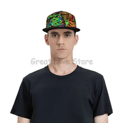 Farverig baseballcap med graffitikunst-print, justerbar snapback-kasket til mænd og kvinder, unisex hiphop-kasketter med flad skygge