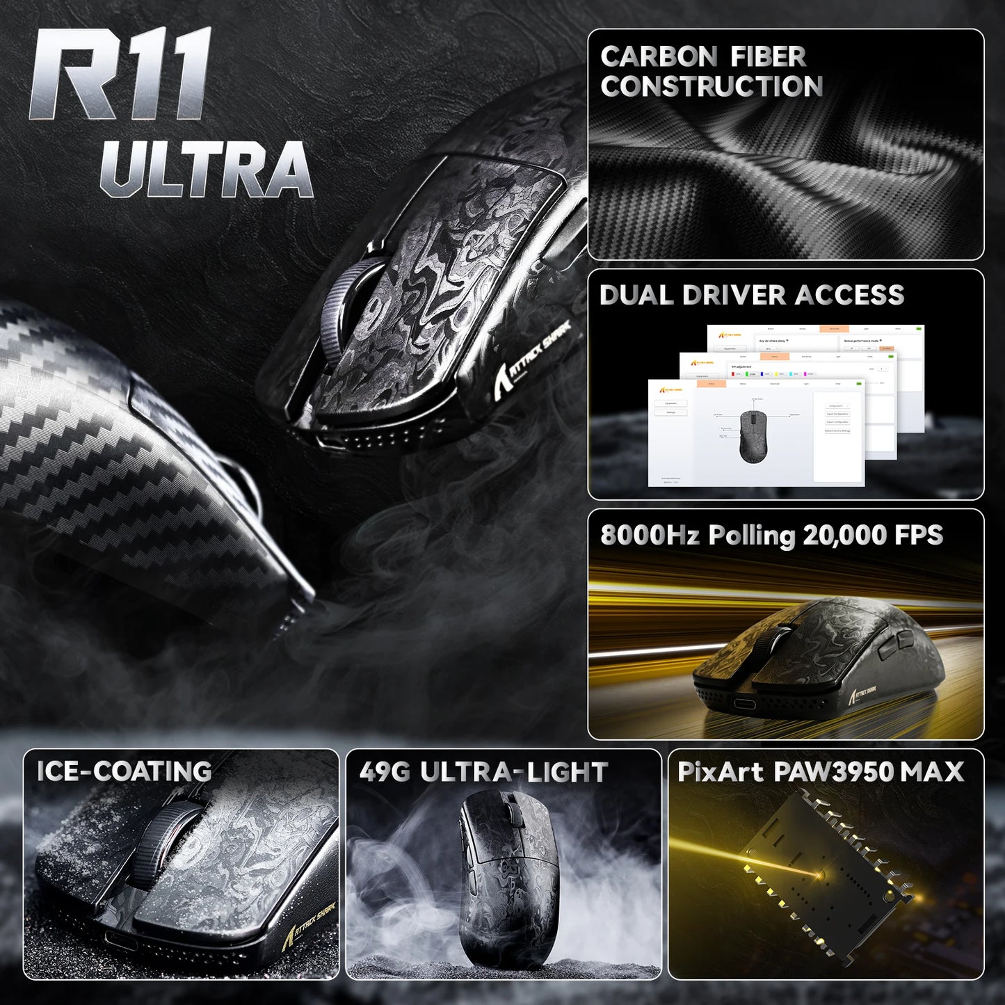 ATTACK SHARK R11 ULTRA Carbon Fiber Wireless Gaming Mouse, 8000Hz, PAW3950MAX, 42000DPI, 49g Lightweight, 20000FPS, Nordic 52840