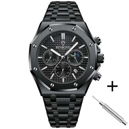 BINBOND 0161 Brand Man Quartz Watch Luxury Luminous Chronograph Wristwatch Stainless Steel Waterproof Men Date Calendar Clock