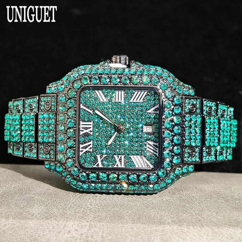 UNIGUET Cool Men's Watch Luxury Stainless Steel Quartz Watch Hip Hop Black Diamond Square Design Fashion Iced Wristwatch for Men