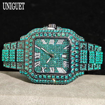 UNIGUET Cool Men's Watch Luxury Stainless Steel Quartz Watch Hip Hop Black Diamond Square Design Fashion Iced Wristwatch for Men