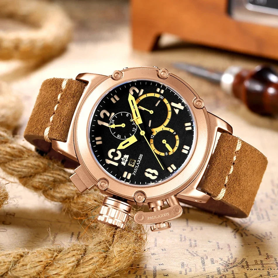 Automatic Watches for Men Mechanical Self Wind Genuine Leather Multifunction Date Boat Month Gold Bronze U Reloj Hombre Baratos