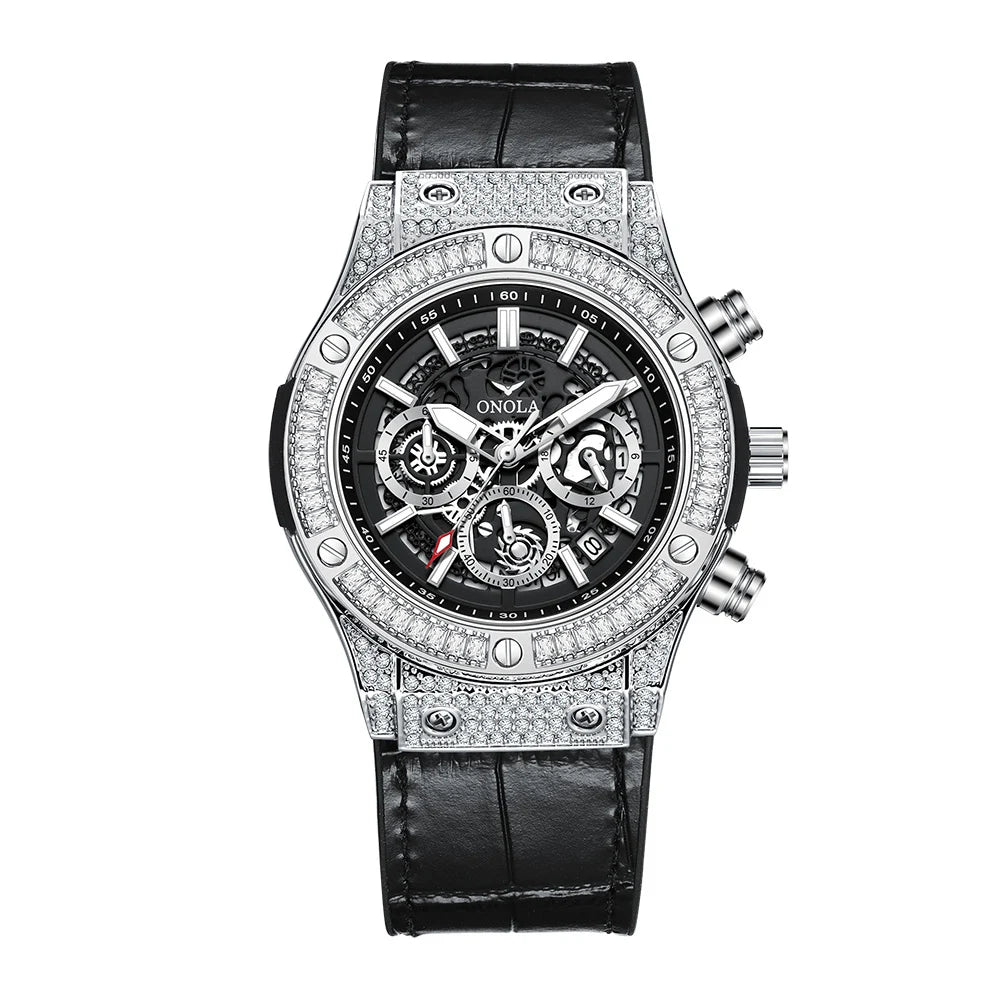ONOLA Luxury Style Diamond Inlaid Men Quartz Watch Leather Strap Calendar Men Watch 30M Waterproof Men Clock