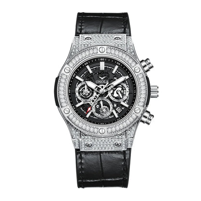 ONOLA Luxury Style Diamond Inlaid Men Quartz Watch Leather Strap Calendar Men Watch 30M Waterproof Men Clock
