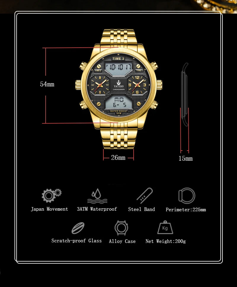 Men's Digital Military Sport Watch 3ATM Waterproof Luminous Steel Strap Quartz Wristwatch Fashion Male Clock Reloj Hombre