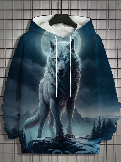 Camisola desportiva com capuz para homem, moda outono 2025, macia e confortável, com estampado de lobo, para exterior e estilo urbano