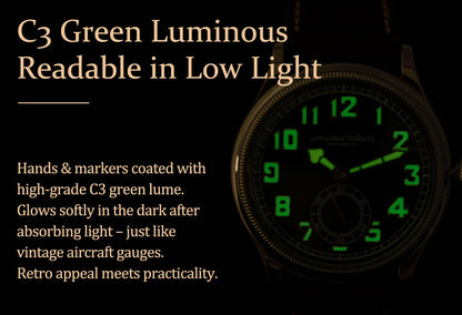 HRUODLAND Retro Flieger Automatic Watches for Men 38mm Seagull ST1701 Mechanical Wristwatch C3 Green Luminous K1 Mineral Bubble Crystal Oil Leather Strap Business Pilot Watch
