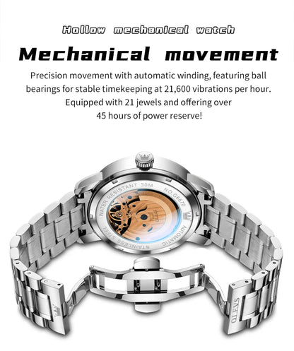 OLEVS 6670 Mens Watch Luxury Brand Skeleton Mechanical Watch Moon Phase Stainless Steel Watches For Man Gifts Box High Quality