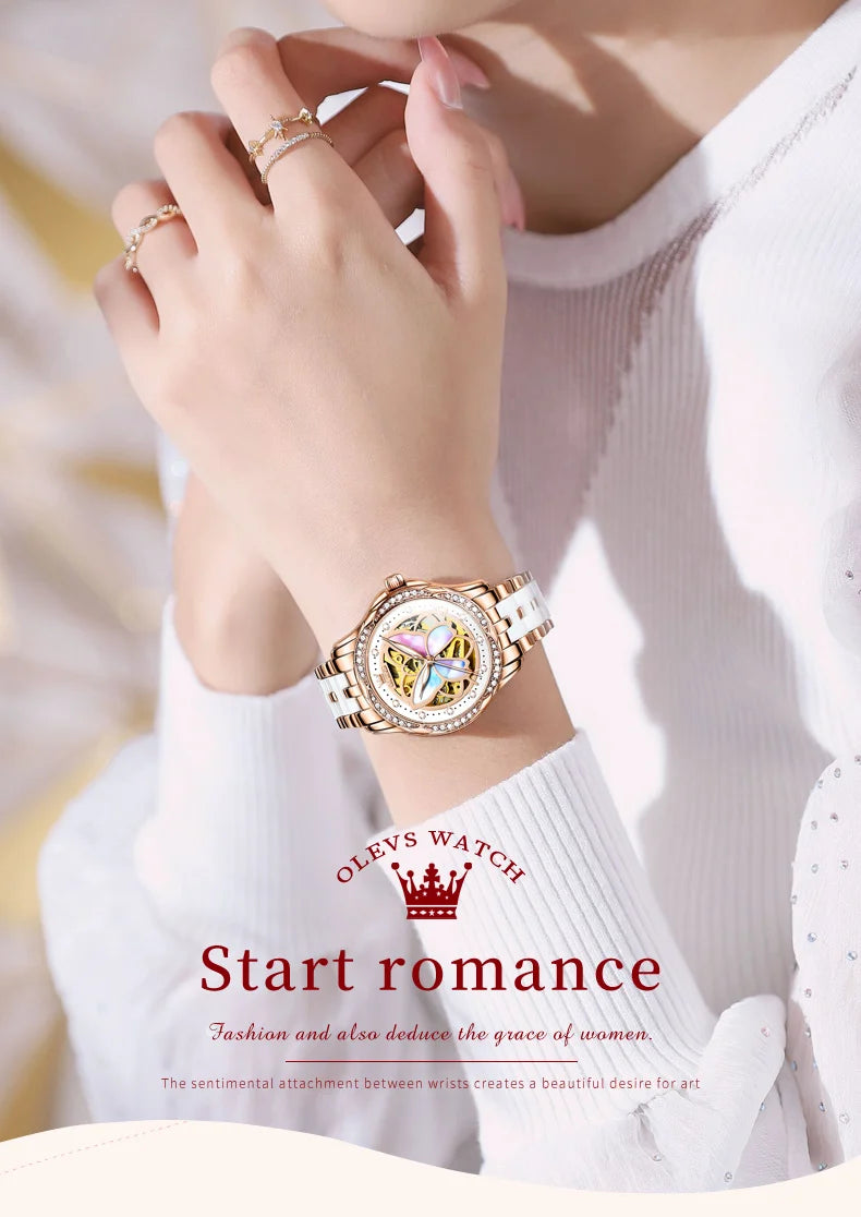 OLEVS 6615 Top Original Automatic Mechanical Wrist Watch for Women Luxury Elegant Diamond Hollow Colorful Butterfly Ladies Watch