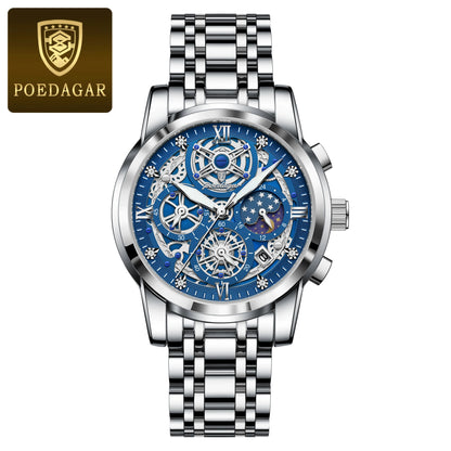 POEDAGAR Top Fashion Men's Watches Stainless Steel Date Chronograph Business Quartz Men Wristwatch Waterproof Luminous Man Watch
