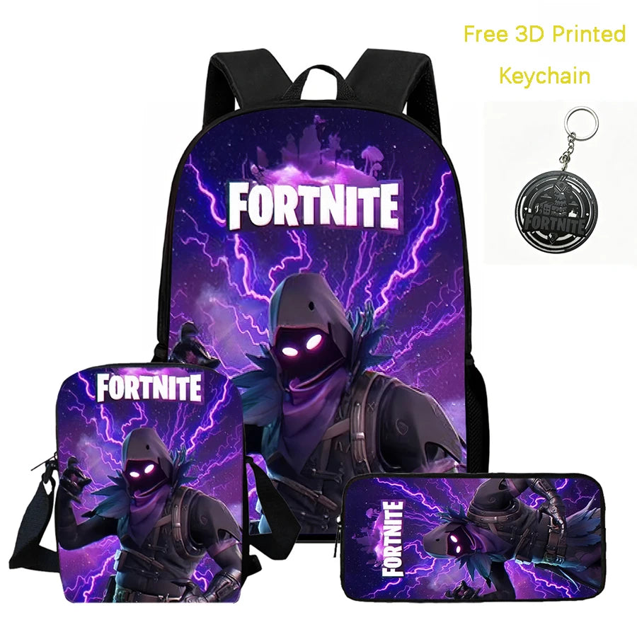 Conjunto de mochila infantil 3 peças, mala a tiracolo e estojo, mala FORTNITE com desenhos, leve para meninos e meninas dos 5 aos 10 anos, porta-chaves 3D impresso grátis
