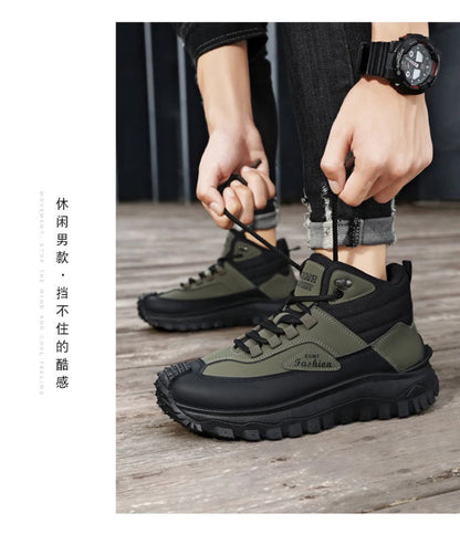 Men'S Black And White Mid Top Hiking Boots Waterproof Leather Platform Sneakers Non Slip Outdoor Casual Shoes With Rugged Sole