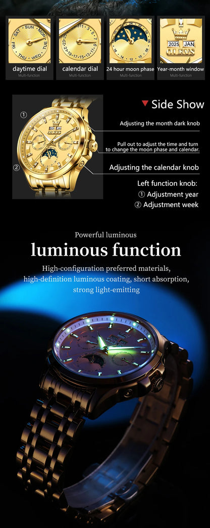 OLEVS 7070 Automatic Men's Watches Luxury Multi functional  Perpetual Calendar Moon Phase Luminous Mechanical Wristwatch For Man