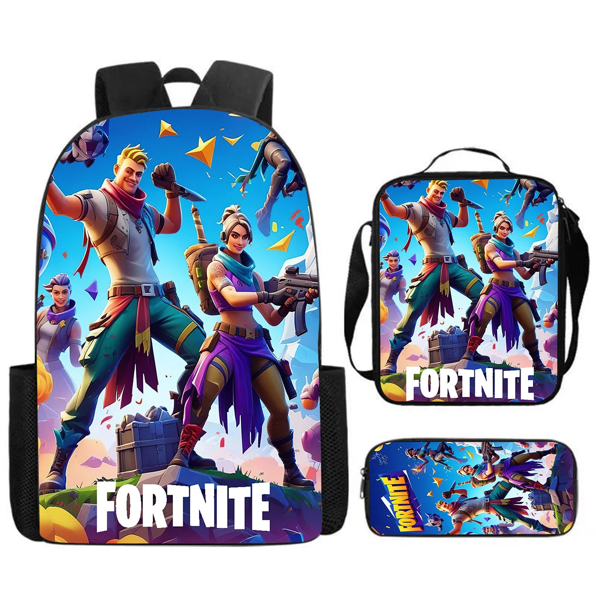 Conjunto Fortnite Cartoon de 3 peças, grande capacidade, adequado para rapazes e raparigas dos 5 aos 8 anos, inclui mochila, lancheira e estojo
