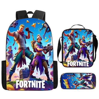 Conjunto Fortnite Cartoon de 3 peças, grande capacidade, adequado para rapazes e raparigas dos 5 aos 8 anos, inclui mochila, lancheira e estojo