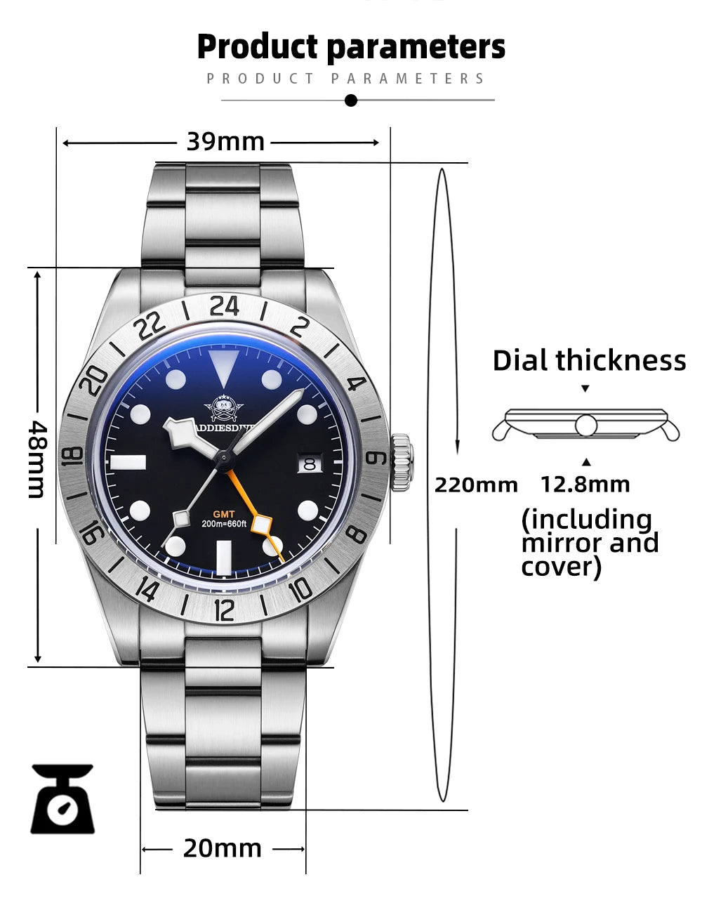 ADDIESDIVE Top Brand 39mm Quartz GMT Watches 20Bar Waterproof Luminous Bubble Mirror Sport Glass Watch for Men Relogio Masculino