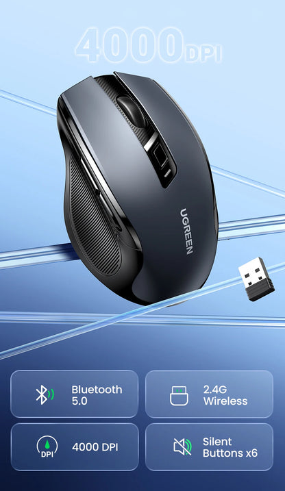 Mouse wireless UGREEN Bluetooth 5.0 ergonomico 4000DPI con 6 pulsanti silenziosi, per MacBook, tablet, laptop, computer e PC, mouse 2.4G