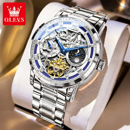 OLEVS 6670 Mens Watch Luxury Brand Skeleton Mechanical Watch Moon Phase Stainless Steel Watches For Man Gifts Box High Quality
